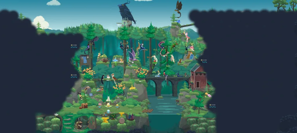 Scena z gry fantasy z antropomorficznymi zwierzętami i stworzeniami żyjącymi w fantastycznym lesie nad rzeką.