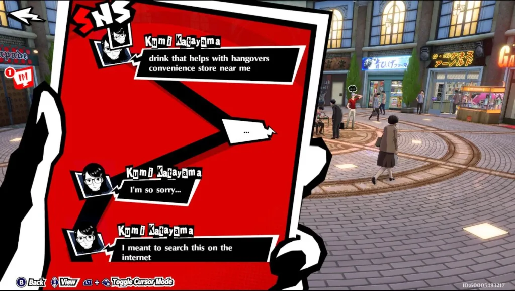 Gra Persona 5: The Phantom X z interfejsem wiadomości SNS, na którym użytkownik Kumi Katayama pyta o napój na kaca.