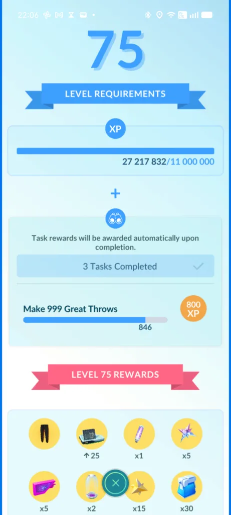 Zrzut ekranu z gry przedstawiający postęp do poziomu 75 z paskiem XP 27 217 832/11 000 000, zadaniem Make 999 Great Throws oraz ikonami nagród.