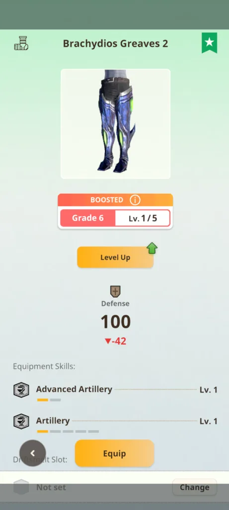 Zrzut ekranu przedstawiający element wyposażenia Brachydios Greaves 2 z poziomem ulepszenia Grade 6 Lv. 1/5 oraz statystyką obrony Defense 100.