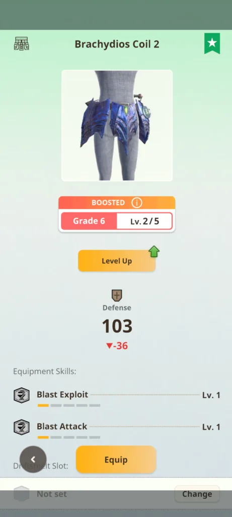 Zrzut ekranu przedstawiający element pancerza Brachydios Coil 2 na poziomie Grade 6 Lv. 2/5 o wartości obrony 103 z umiejętnościami Blast Exploit oraz Blast Attack.