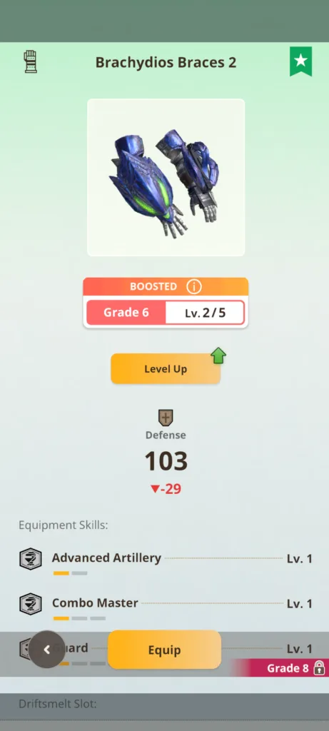 Zrzut ekranu z gry przedstawiający Brachydios Braces 2 na poziomie Grade 6 Lv. 2/5 z wartością obrony 103 oraz umiejętnościami Advanced Artillery i Combo Master.