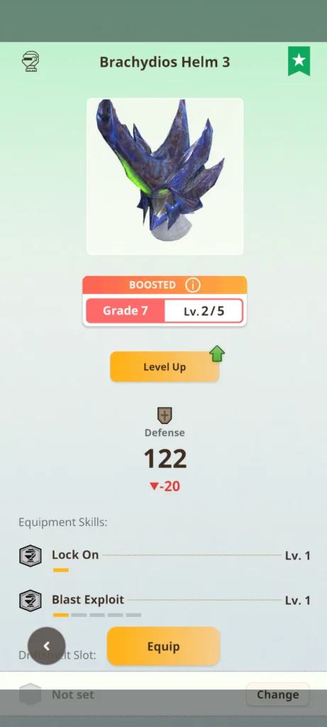 Zrzut ekranu przedstawiający ekwipunek Brachydios Helm 3 na poziomie Grade 7 Lv. 2/5 z umiejętnościami Lock On i Blast Exploit.