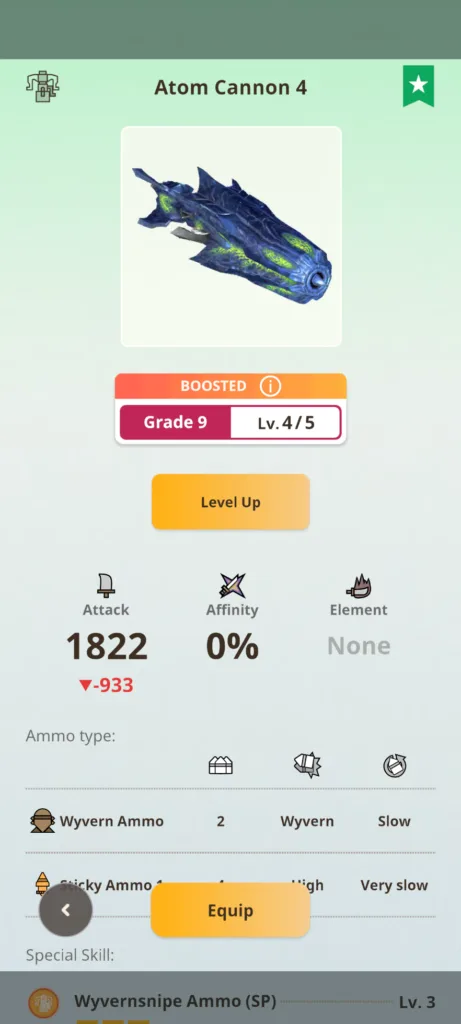 Zrzut ekranu przedstawiający statystyki broni Atom Cannon 4 na poziomie Grade 9 Lv. 4/5 z atakiem 1822 i typami amunicji Wyvern Ammo.
