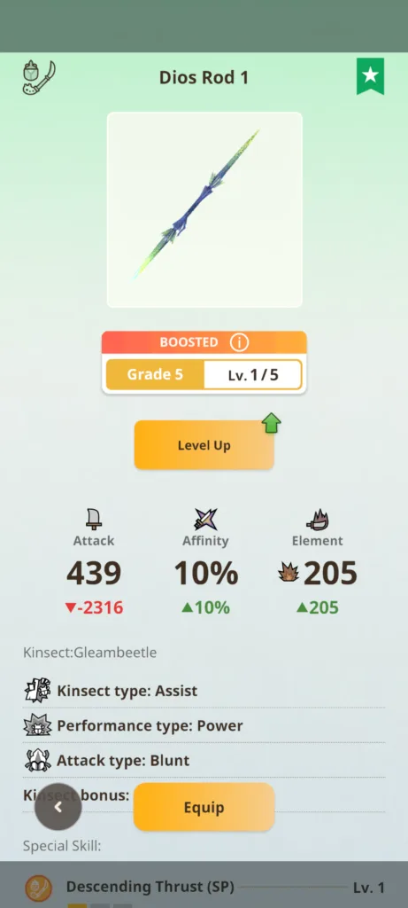Zrzut ekranu prezentujący statystyki broni Dios Rod 1 z gry Monster Hunter Now, pokazujący atak 439, powinowactwo 10% oraz żywioł 205.
