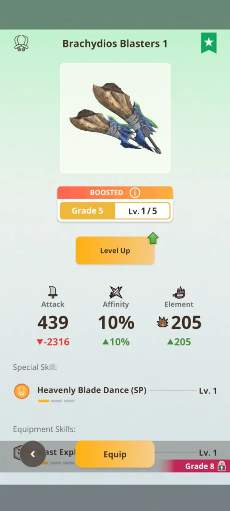 Zrzut ekranu przedstawiający statystyki broni Brachydios Blasters 1 z poziomu Grade 5 z wartością ataku 439.