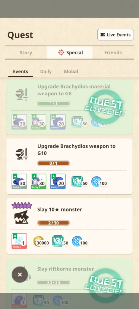 Zrzut ekranu z menu zadań specjalnych w Monster Hunter Now pokazujący listę questów z nagrodami i postępem.