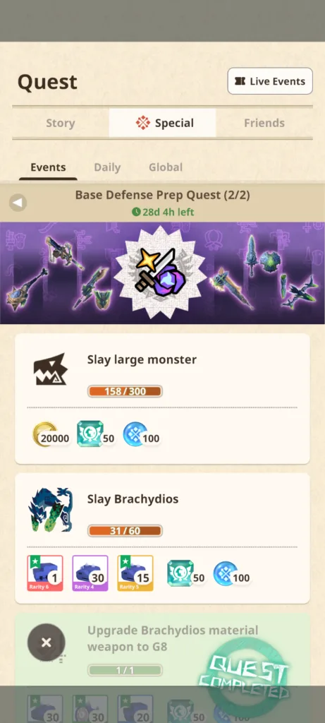 Zrzut ekranu przedstawiający widok zadań Base Defense Prep Quest w grze Monster Hunter Now z listą celów, postępem i nagrodami.