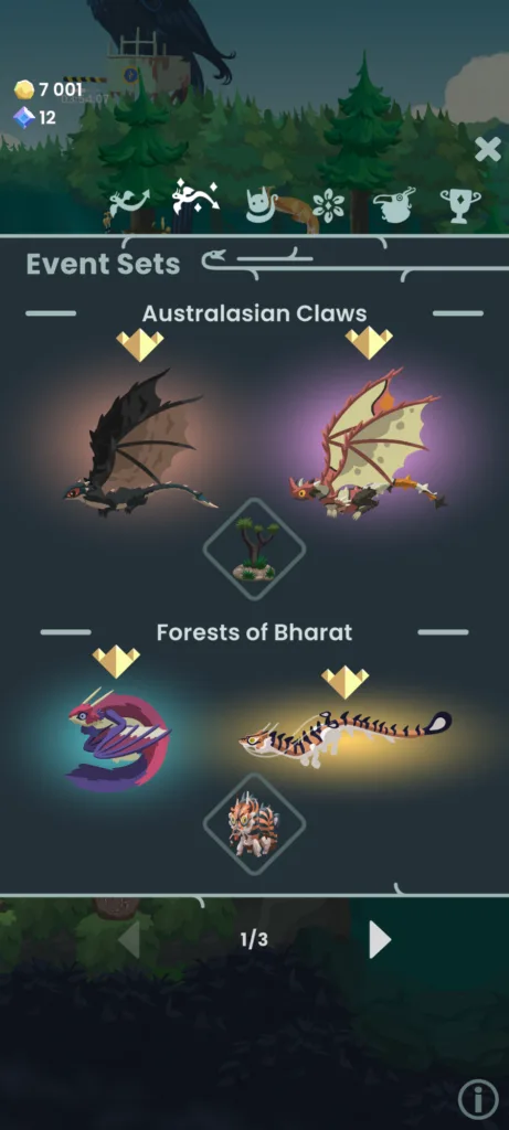 Zrzut ekranu z menu gry przedstawiający zestawy wydarzeń Event Sets z kolekcją stworzeń w kategoriach Australasian Claws i Forests of Bharat.