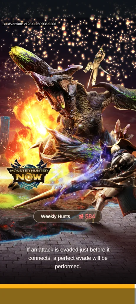 Plakat Monster Hunter Now przedstawiający walkę z wielkim potworem w nocy pod latarniami.