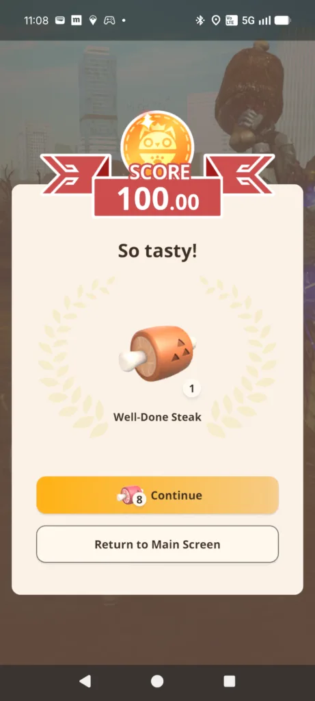 Ekran podsumowania gry z wynikiem 100 punktów, napisem So tasty! oraz nagrodą Well-Done Steak.