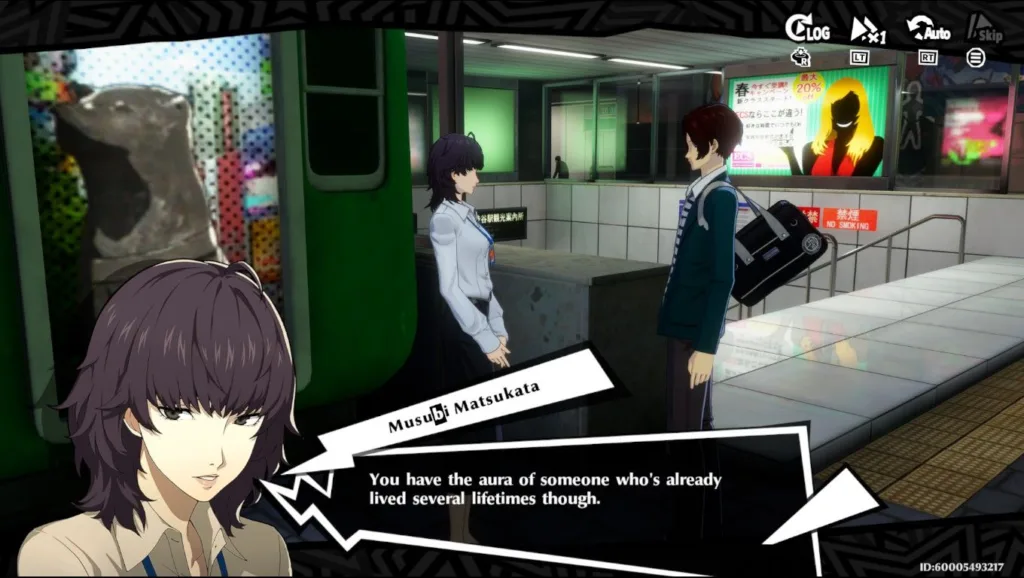 Rozmowa postaci w grze Persona 5 X w podziemnej stacji metra z widocznym oknem dialogowym Musubi Matsukata.