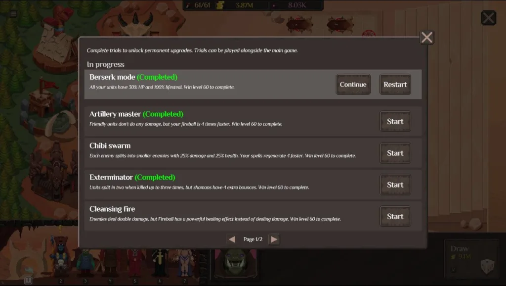 Zrzut ekranu przedstawia okno wyboru wyzwań w grze z listą zadań takich jak Berserk mode, Artillery master, Chibi swarm, Exterminator i Cleansing fire.