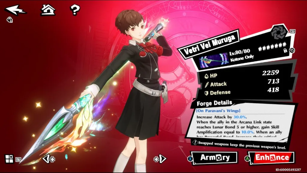 Kotone Shiomi z gry Persona 3 Portable trzymająca świecącą lancę Vetri Vel Muruga na czerwonym tle z interfejsem ekwipunku.