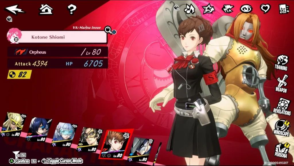Kotone Shiomi z gramofonową personą Orpheus na tle tarczy zegara z interfejsem gry Persona 5 X