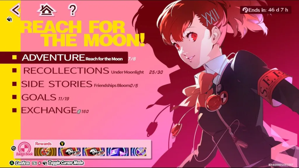 Zrzut ekranu z menu gry Persona 5 X na różowym tle przedstawiający postać i opcje nawigacji Reach for the Moon.