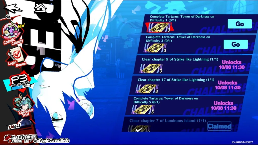 Zrzut ekranu menu wyzwań w grze Persona 5 X z listą zadań i przyciskami Go.
