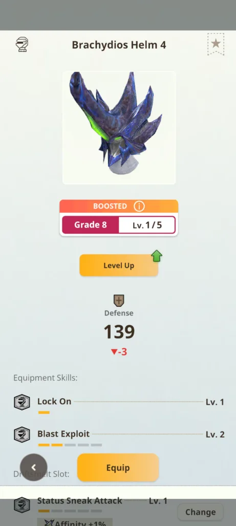 Zrzut ekranu przedstawiający ekwipunek Brachydios Helm 4 z poziomu Grade 8, Lv. 1/5, z umiejętnościami Lock On i Blast Exploit.