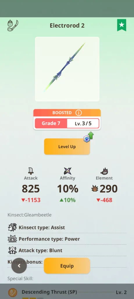 Zrzut ekranu przedstawiający statystyki broni Electrorod 2 z gramu w wersji na poziomie Grade 7 Lv. 3/5, z wartościami Attack 825, Affinity 10% oraz Element 290.