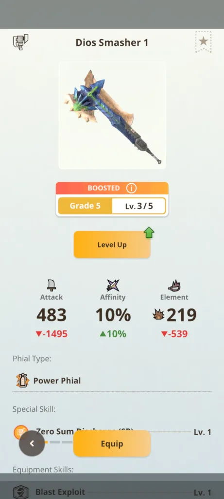 Zrzut ekranu przedstawiający statystyki broni Dios Smasher 1 z poziomem Grade 5 Lv. 3/5, wartością ataku 483, 10% affinity oraz elementem 219.