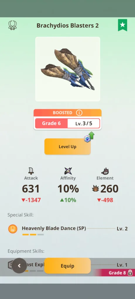 Zrzut ekranu przedstawiający statystyki broni Brachydios Blasters 2 na poziomie Grade 6 Lv. 3/5 w grze.