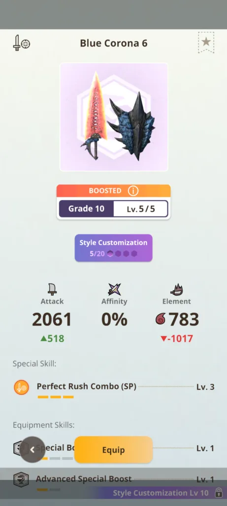Zrzut ekranu ekwipunku z gry Monster Hunter Now przedstawiający broń Blue Corona 6 na poziomie Grade 10 z atakiem 2061.