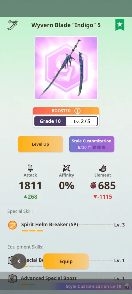 Ekran gry Monster Hunter Now przedstawiający statystyki broni Wyvern Blade Indigo 5 na poziomie Grade 10 i Lv. 2/5.