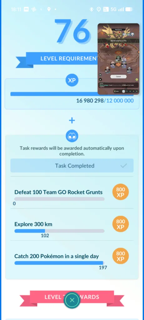 Zrzut ekranu przedstawiający postępy gracza na poziomie 76 w grze Pokémon GO z listą zadań i paskiem doświadczenia.