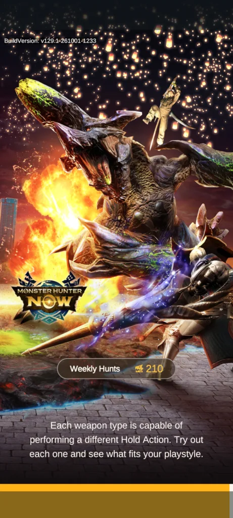 Plakat z gry Monster Hunter Now przedstawiający łowcę walczącego z gigantycznym potworem na tle unoszących się lampionów.