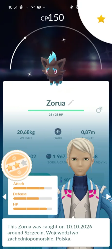 Zrzut ekranu z gry Pokémon GO przedstawiający statystyki stworka Zorua o CP 150 i ocenie trzygwiazdkowej.
