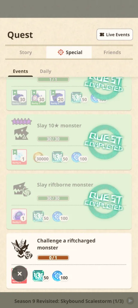 Zrzut ekranu z menu zadań w grze Monster Hunter Now przedstawiający listę misji specjalnych z nagrodami.