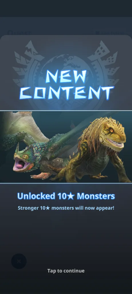 Zrzut ekranu z gry Monster Hunter Now z napisem New Content oraz dwoma gadlimi potworami i informacją o odblokowaniu potworów dziesięciogwiazdkowych.