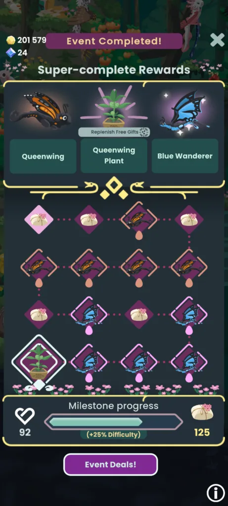 Zrzut ekranu z gry przedstawiający ekran podsumowania wydarzenia z nagrodami Super-complete Rewards, w tym postaciami Queenwing i Blue Wanderer.