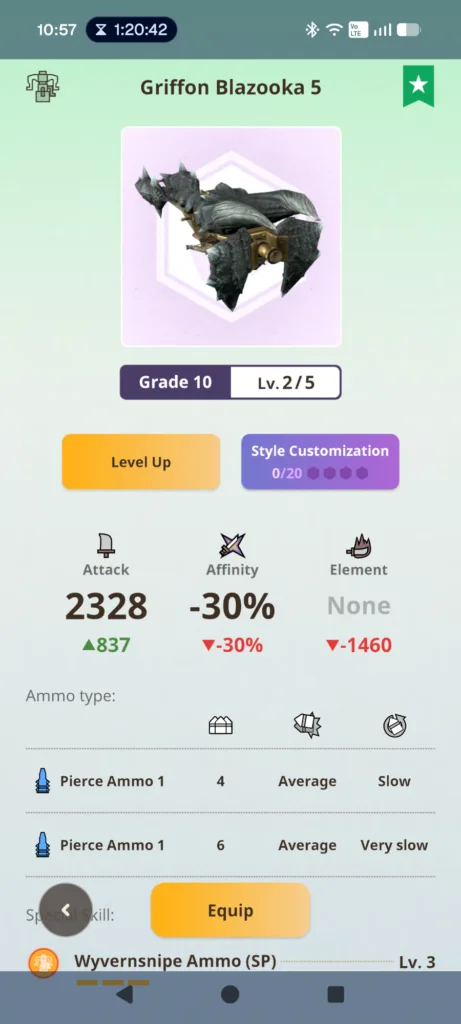 Zrzut ekranu przedstawiający statystyki broni Griffon Blazooka 5 na poziomie Grade 10 Lv. 2/5 z wartością ataku 2328.
