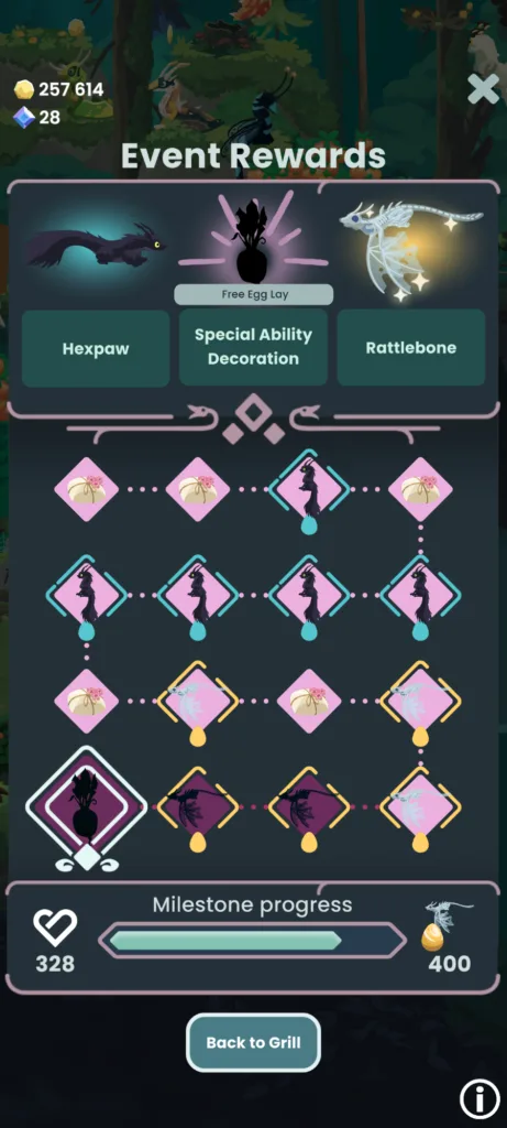 Zrzut ekranu przedstawiający okno nagród wydarzenia z nagrodami Hexpaw, Special Ability Decoration i Rattlebone oraz ścieżką postępu.