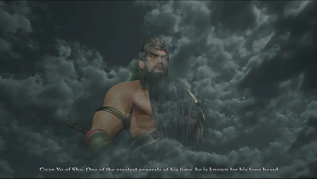 Postać Guan Yu of Shu z długą brodą na tle ciemnych chmur z napisem na dole.