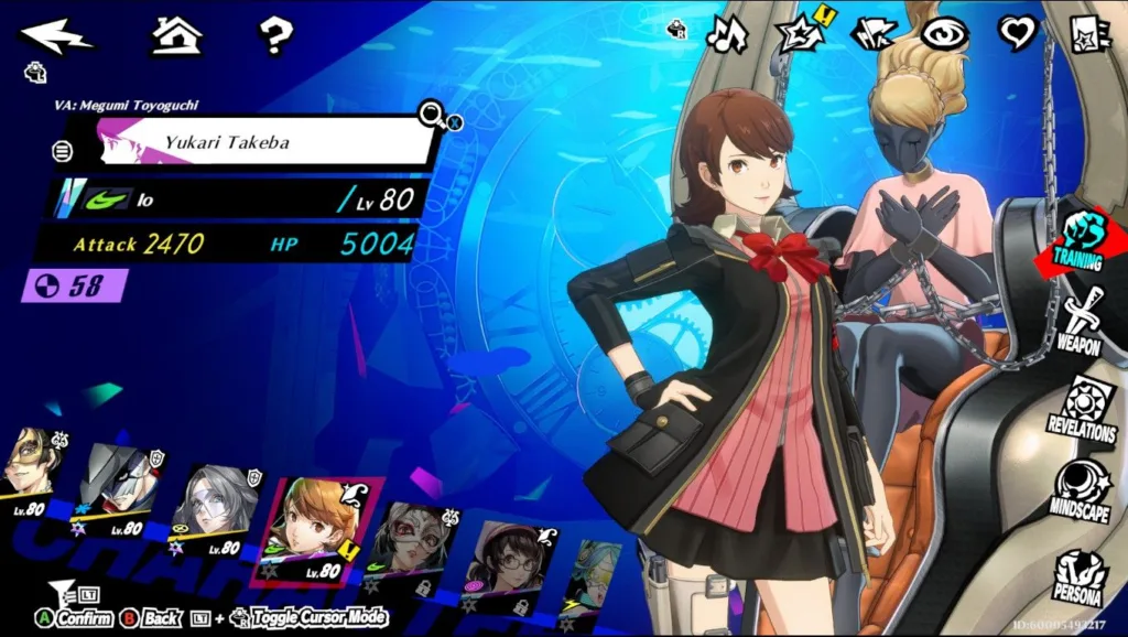 Zrzut ekranu z gry Persona 5 X przedstawiający postać Yukari Takeba w interfejsie statusu na tle tarczy zegara.