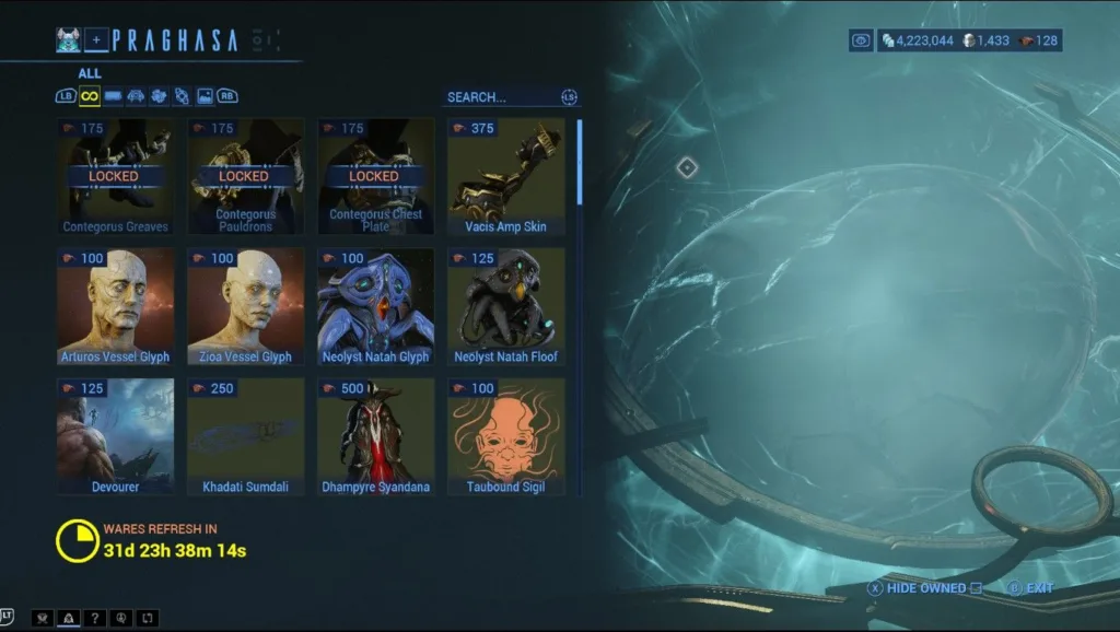 Zrzut ekranu przedstawiający menu sklepu w grze Warframe z widoczną listą przedmiotów do zakupu.