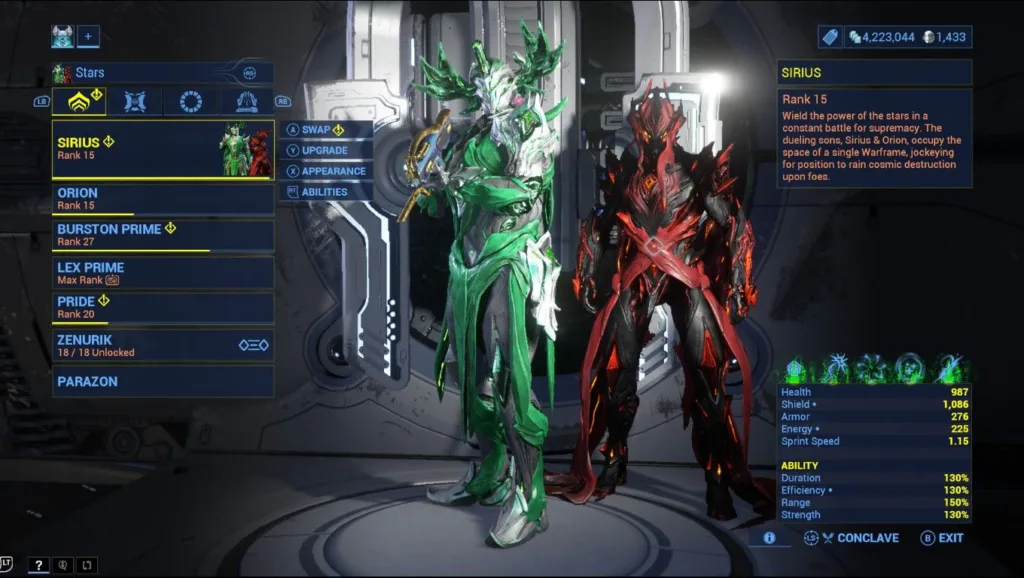 Zrzut ekranu z gry Warframe przedstawiający postać Sirius w zielonym i czerwonym wariancie kolorystycznym oraz menu ekwipunku ze statystykami.