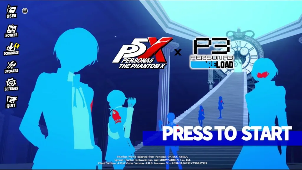 Ekran tytułowy z napisami Persona 5: The Phantom X i Persona 3 Reload oraz sylwetkami postaci na tle schodów.