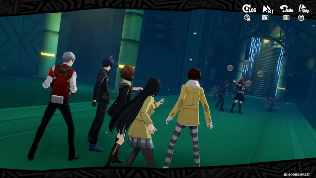 Grupa postaci w grze Persona 5: The Phantom X stoi w zielonym, futurystycznym korytarzu z kolumnami i schodami.