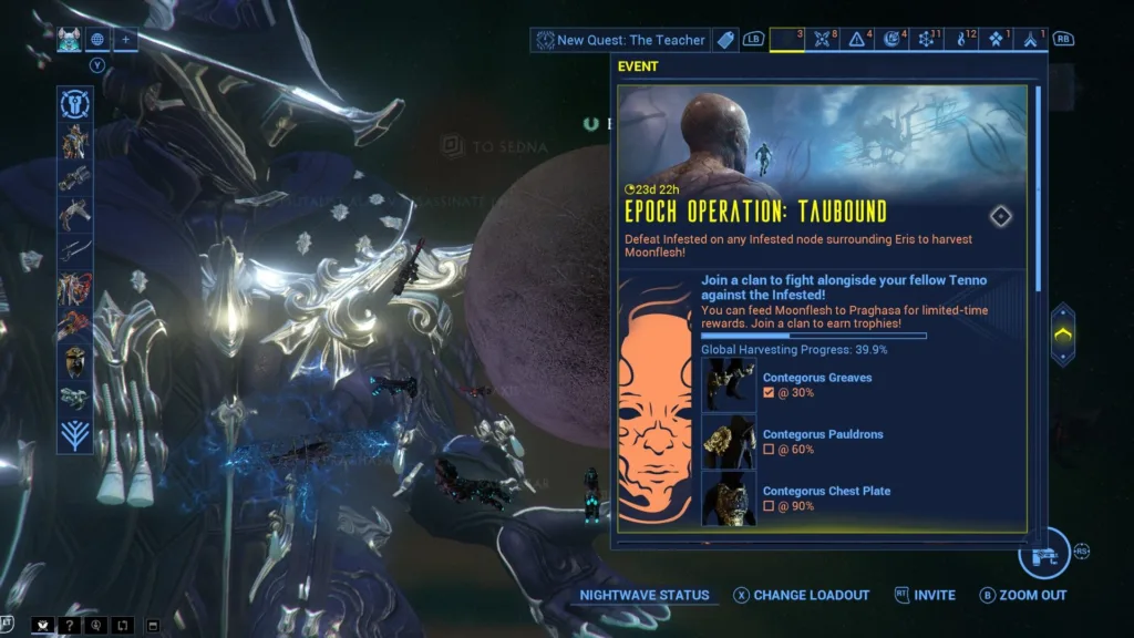 Zrzut ekranu z gry Warframe przedstawiający menu wydarzenia Epoch Operation: Tabound z listą nagród i paskiem postępu.