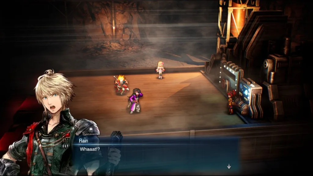 Postać Rain rozmawia w grze Final Fantasy Resonance z oknem dialogowym z napisem Whaaat!?