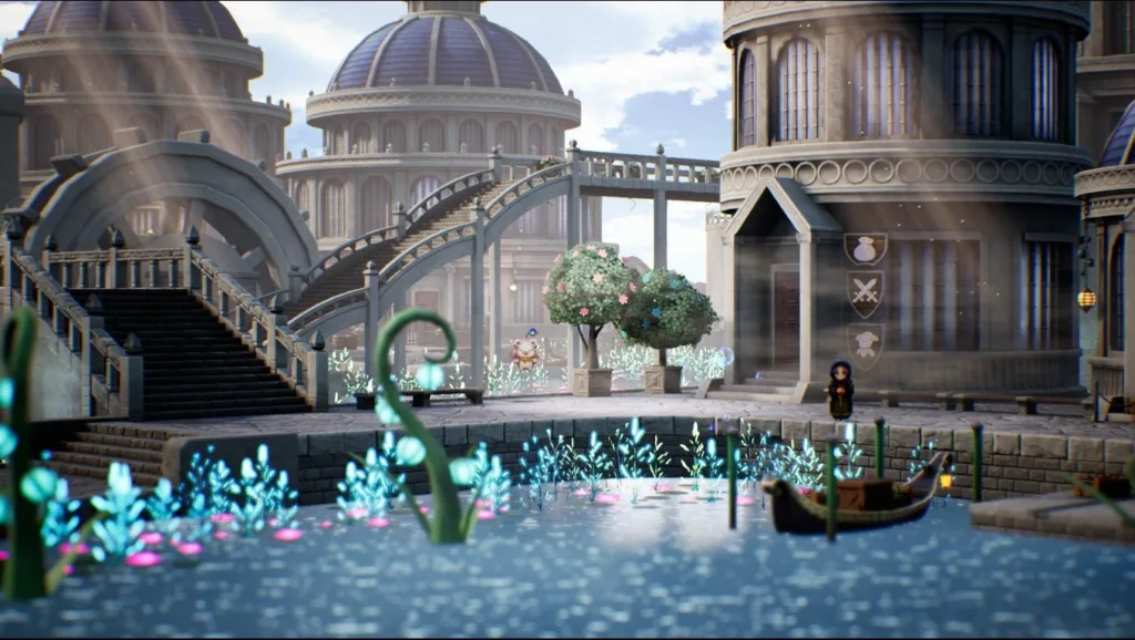 Widok na plac z kanałem, mostem i ozdobnymi budynkami o kopułowych dachach w świecie Final Fantasy Resonance .