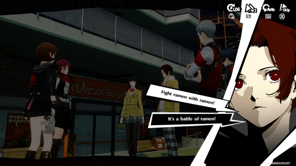 Zrzut ekranu z gry Persona 3 Reload przedstawiający postacie rozmawiające przed restauracją Wilduck Burger.