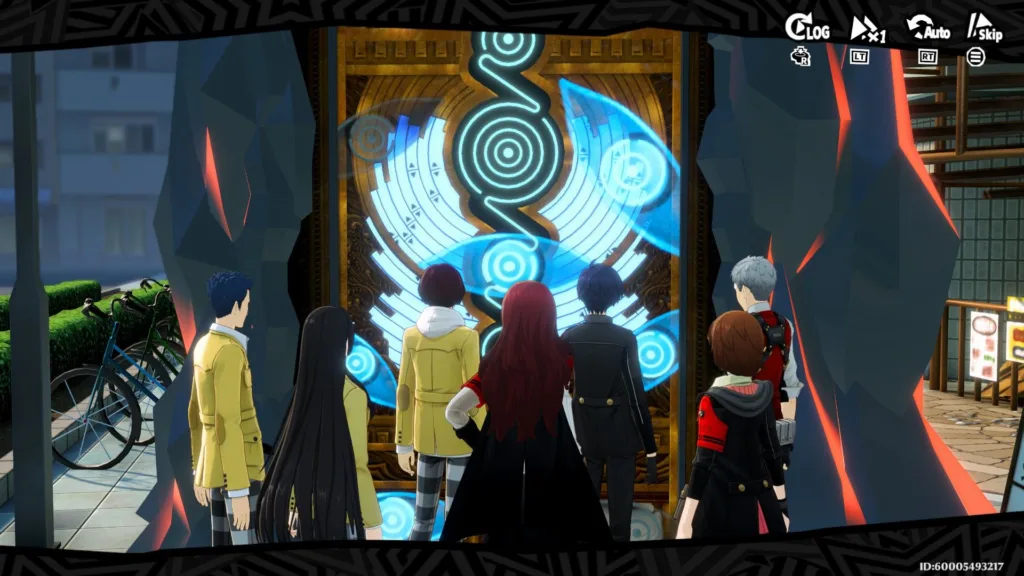 Grupa postaci stoi przed wielkimi ozdobnymi drzwiami z jasnoniebieskimi świecącymi wzorami w grze Persona 5 X.