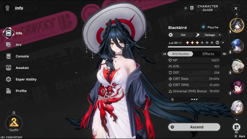 Zrzut ekranu przedstawiający profil postaci Blackbird w grze z widocznymi statystykami i menu po bokach.