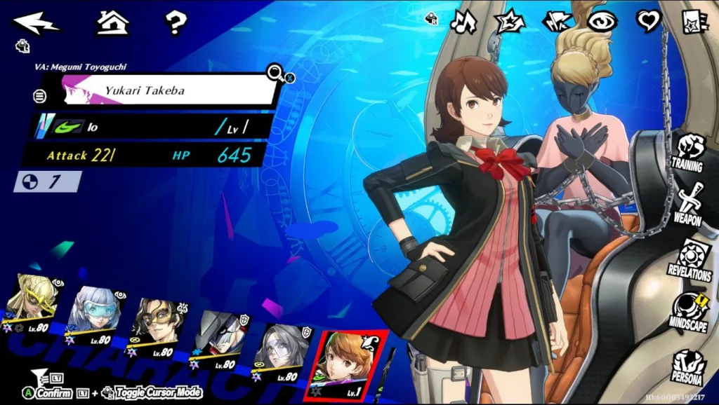 Zrzut ekranu z gry Persona 5 X przedstawiający postać Yukari Takeba w interfejsie statusu postaci na tle tarczy zegara.